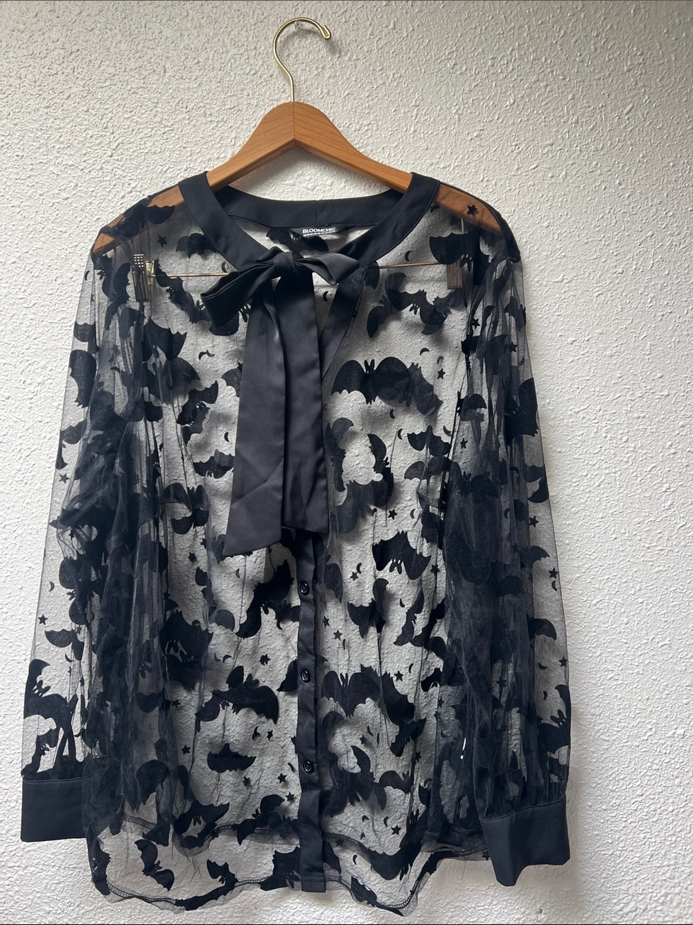 BloomChic Black Sheer Bat-Print Bow Blouse